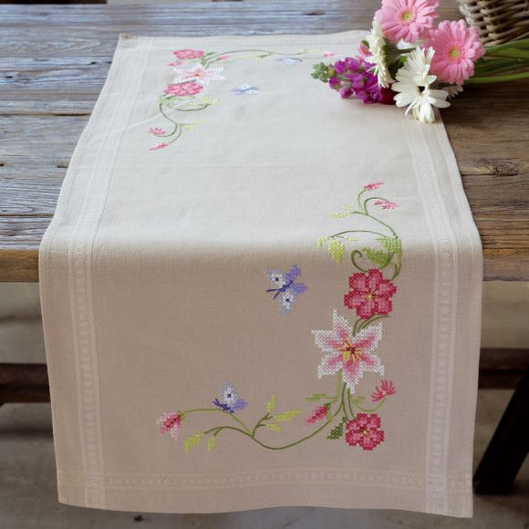 Clematis and Butterflies Printed Cross Stitch Tablecloth Embroidery Kit Runner, Vervaco PN-0146429
