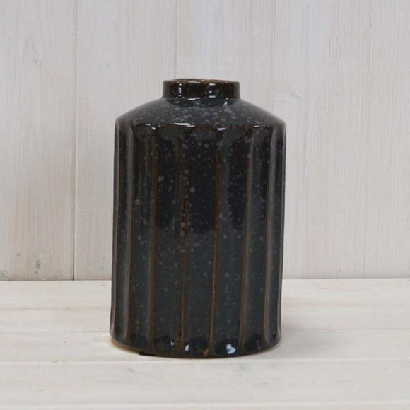 Glossy Ceramic Glazed Vase, Blue Black Ribbed Flower Vase - 18cm
