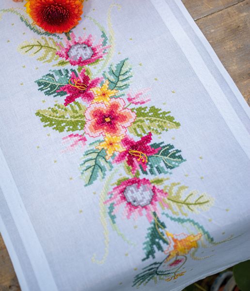 Tropical Flowers PRINTED Cross Stitch Kit Tablecloth Runner Vervaco -PN-0199051
