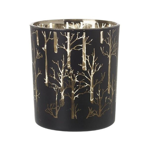 Woodland Scene Glass Tealight Candle Holder, Black/Silver - 10cm