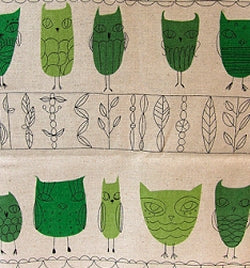 Linen Fabric, Kokka Owls Green, Annika Wester - per HALF meter