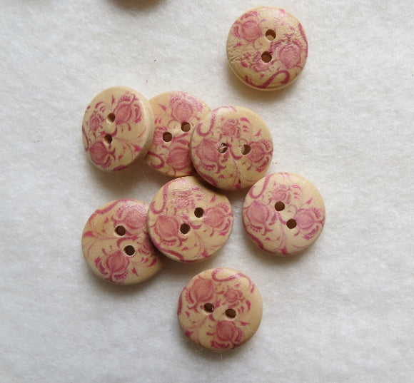 Natural Wood Buttons, Printed Wooden Button- Toile Flowers (x5) 15mm