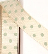 Cream and Green Dotty Grosgrain Ribbon -15mm