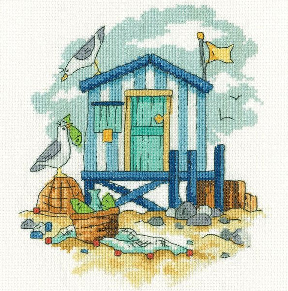 Blue Beach Hut Cross Stitch Kit, Heritage Crafts