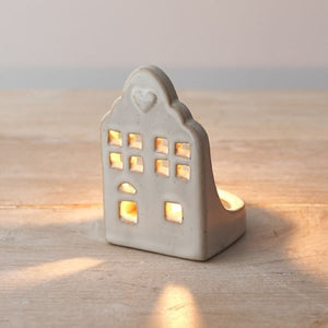 Reactive Glazed Pottery House Tealight Holder - 8.5cm - Natural 662