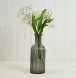 Smokey Grey Ribbed Glass Bottle Vase - 19cm