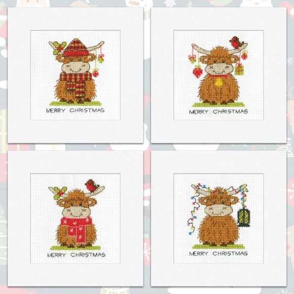 Highland Cow Christmas Card Cross Stitch Kits, Heritage Crafts - SET OF 4