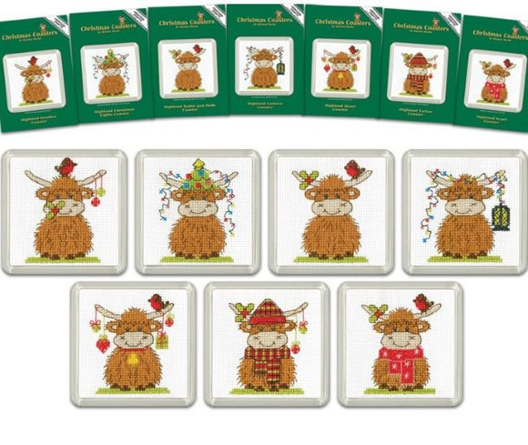 Highland Cow Coaster Cross Stitch Kit, Heritage Crafts - Christmas Coaster Kit