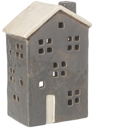 Glazed Pottery House Tealight Holder - 16cm Grey