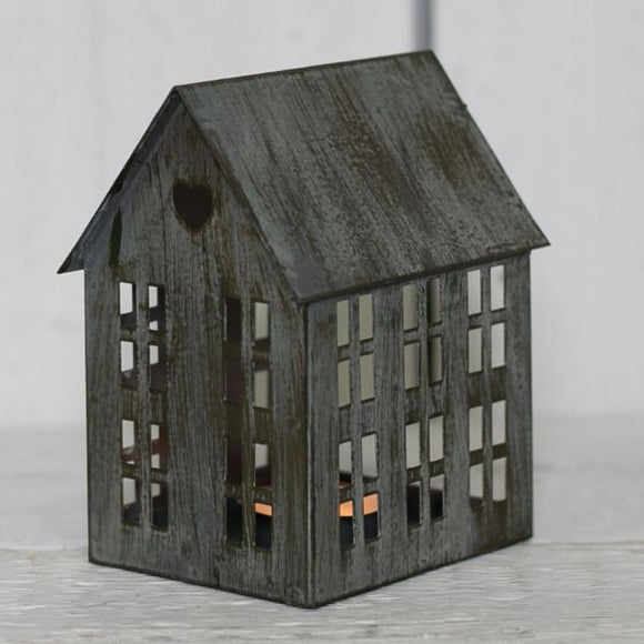 Rustic Grey Metal House Tealight Candle Holder - 13cm