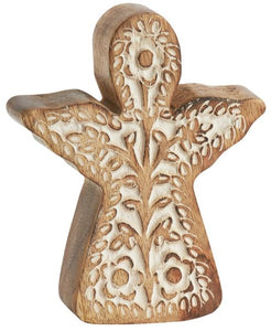Natural Wood Hand Carved Angel Ornament - 15cm Tall