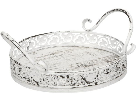 Vintage Country Style White Rustic Metal Round Tray, 23cm