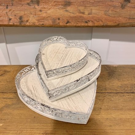 Vintage Country Style White Rustic Metal Heart Tray, 3 sizes