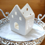 Glazed Pottery House Candle/Tealight Holder - 9.5cm White
