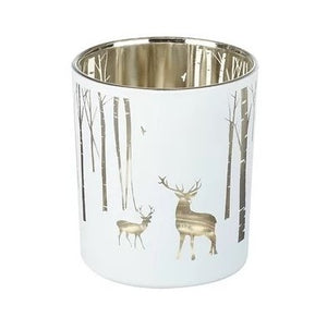 Woodland Stags Glass Tealight Candle Holder, White/Silver - 10cm