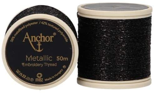 Anchor Metallic Embroidery Thread, Hand Embroidery 50m - Black 342