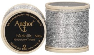 Anchor Metallic Embroidery Thread, Hand Embroidery 50m - Silver 301
