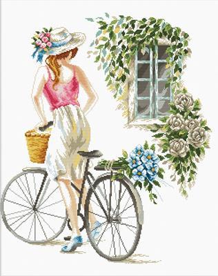 Bicycle Girl NO-COUNT Printed Cross Stitch Kit, Needleart World N640-078