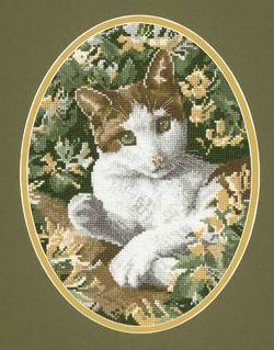 Brown and White Cat Cross Stitch Kit, John Stubbs, Heritage Crafts