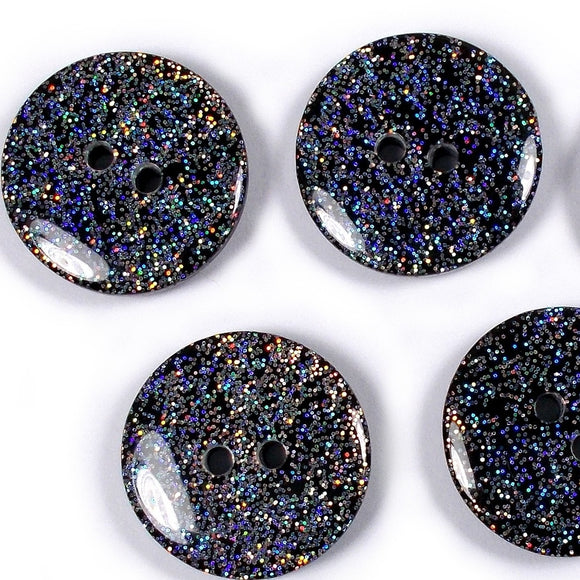 Glitter Buttons, Silver Glitter on Black Buttons - Shimmer 28mm, (1978) SET of 6