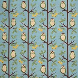 Cotton Linen Mix Fabric, Kokka Tree Owls, Blue - per HALF meter