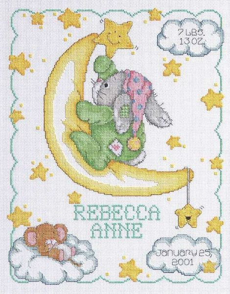 Crescent Moon Birth Sampler Cross Stitch Kit, Janlynn 063-0102