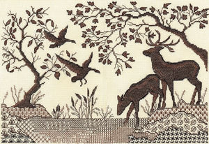 Deer by the River Blackwork Cross Stitch Kit, Panna J-1295