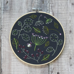 Seedhead Spray Embroidery Kit (Black) with Hoop, Hawthorn Handmade
