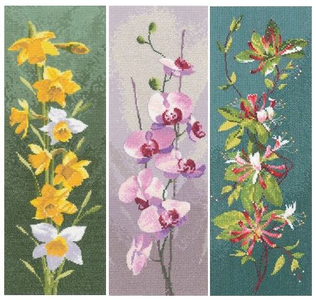 Flower Panel Cross Stitch Kits, Heritage Crafts - John Clayton SET of 3