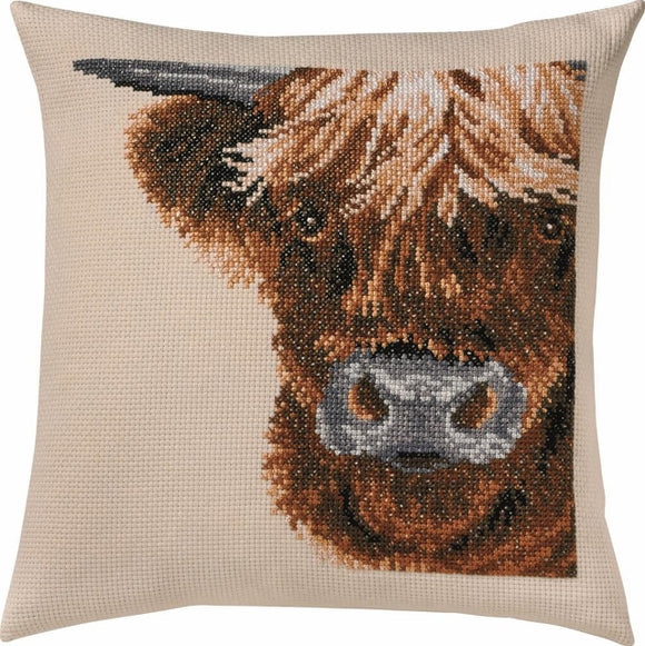 Highland Cow Cross Stitch Kit Cushion Permin 83-6102