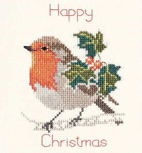 Holly and Robin Cross Stitch Christmas Card Kit, Derwentwater Designs