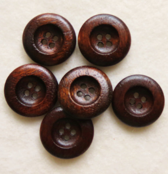 Dark Wood Buttons, Round Wooden Button - 26mm, Set of 3