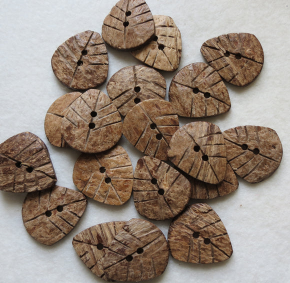 Coconut Wood Buttons, Rustic Leaf Button - Large, 30mm, Set of 3