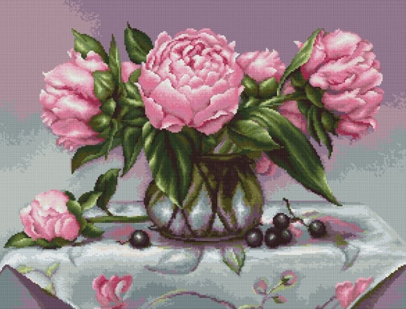 Petit Point Kit Vase of Peonies, COUNTED Half Cross Stitch Kit Luca-s G494