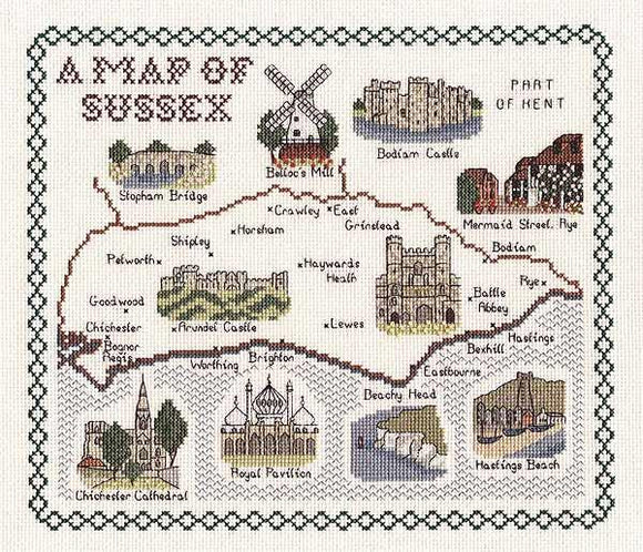 Map of SUSSEX Cross Stitch Kit, Classic Embroidery SA080