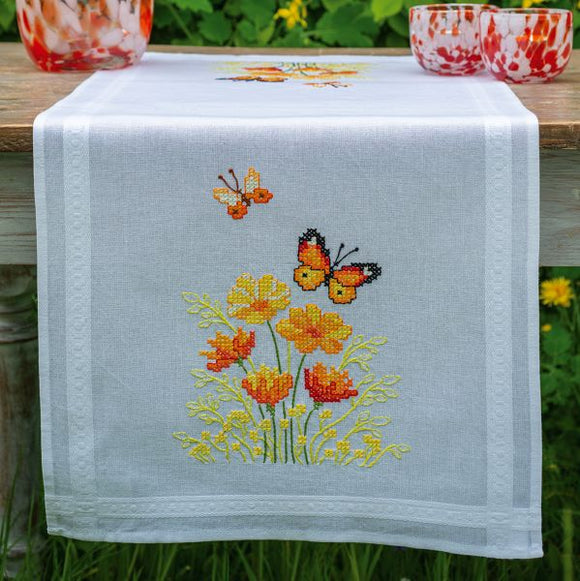 Orange Flowers and Butterflies Tablecloth Runner PRINTED Cross Stitch Kit,  Vervaco PN-0187941