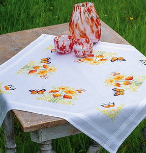 Orange Flowers and Butterflies Printed Cross Stitch Kit, Tablecloth, Vervaco PN-0187348