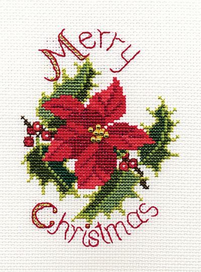 Poinsettia and Holly Cross Stitch Christmas Card Kit, Derwentwater Designs