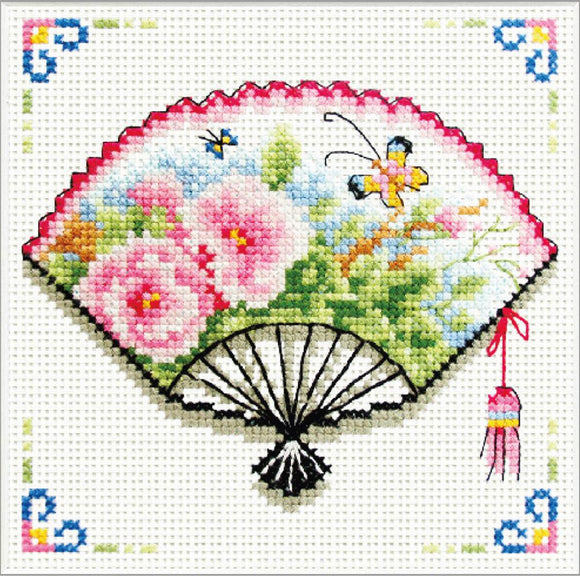 Printed Cross Stitch Rose Butterfly Fan, NO-COUNT Cross Stitch Kit N140-026