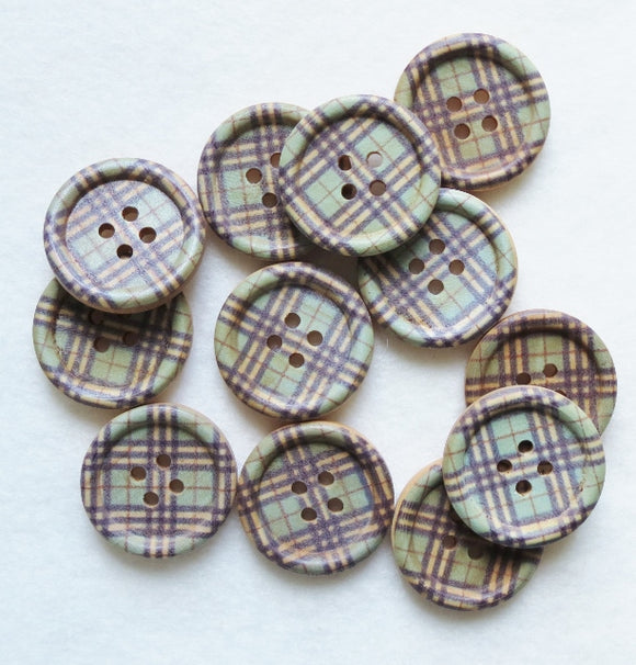 Natural Wood Buttons, Printed Wooden Button - Tartan 25mm