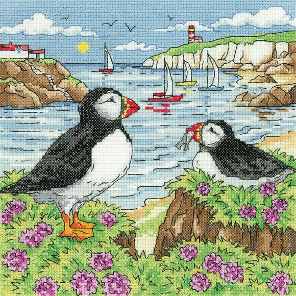 Puffin Shore Cross Stitch Kit, Heritage Crafts -Karen Carter