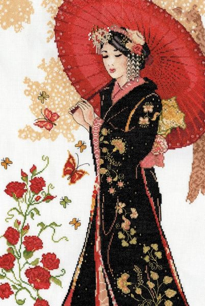 Art  Vintage Handmade Cross Stitch Japanese Geisha Girl W Fans