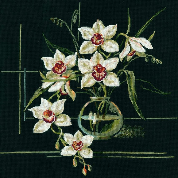 Cross Stitch Kit White Orchids, Counted Cross Stitch Riolis R941