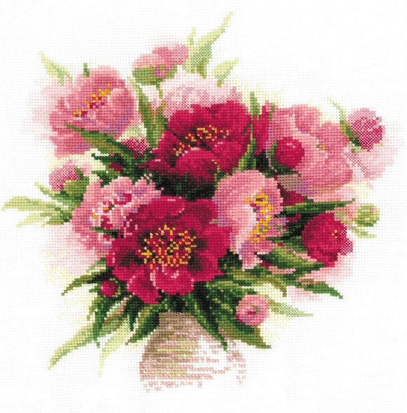 Cross Stitch Kit Peonies in a Vase, Counted Cross Stitch Riolis R1259