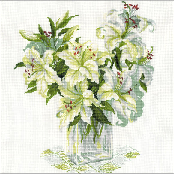 Cross Stitch Kit White Lilies, Counted Cross Stitch Riolis R1169