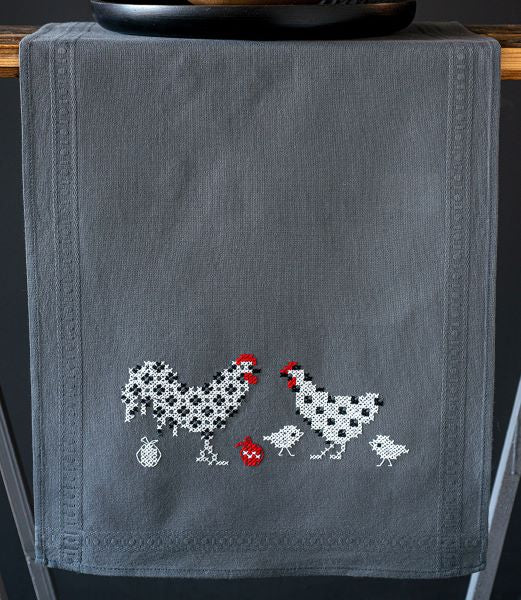 Rooster and Chicken Printed Tablecloth Runner Cross Stitch Kit, Vervaco PN-0186090