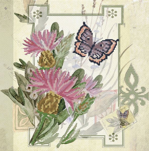 Thistle Bouquet PRINTED Cross Stitch Kit, Needleart World N650-031