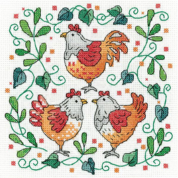 Three French Hens Cross Stitch Kit, Heritage Crafts -Karen Carter