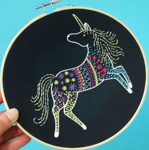 Unicorn Embroidery Kit with Hoop, Hawthorn Handmade (Black)