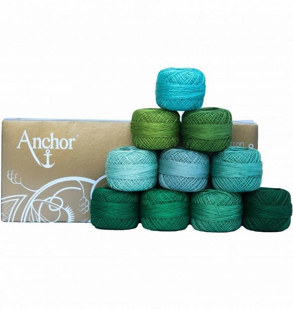 Anchor Pearl Cotton no. 8, Embroidery Thread Assortment - Greens, 10 x 20g balls